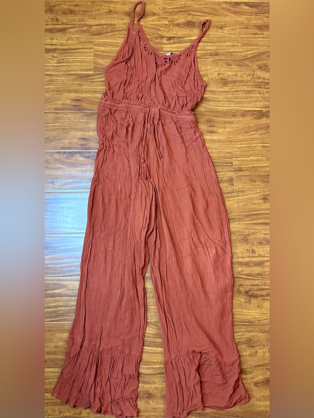 Patrons of Peace Brick Red Crinkle Wide-Leg Jumpsuit